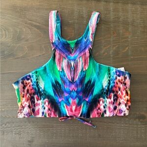 Luli Fama Sleeveless Green and Purple Tie Front Crop Tank